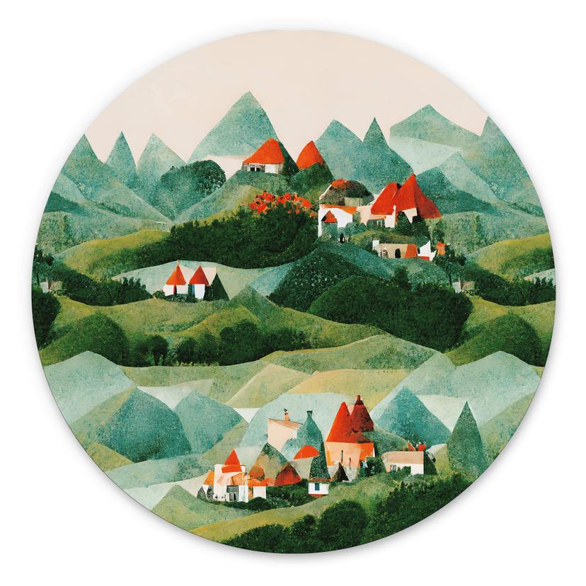 Vægcirkel Treechild - Small village in the middle of green hills – print på aluminium (Alu-Dibond)