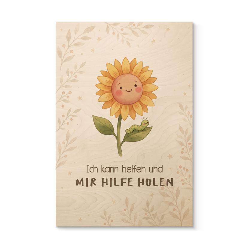 Holzbild mit Sonnenblume - Glaubenssatz 'Ich kann helfen' fürs Kinderzimmer