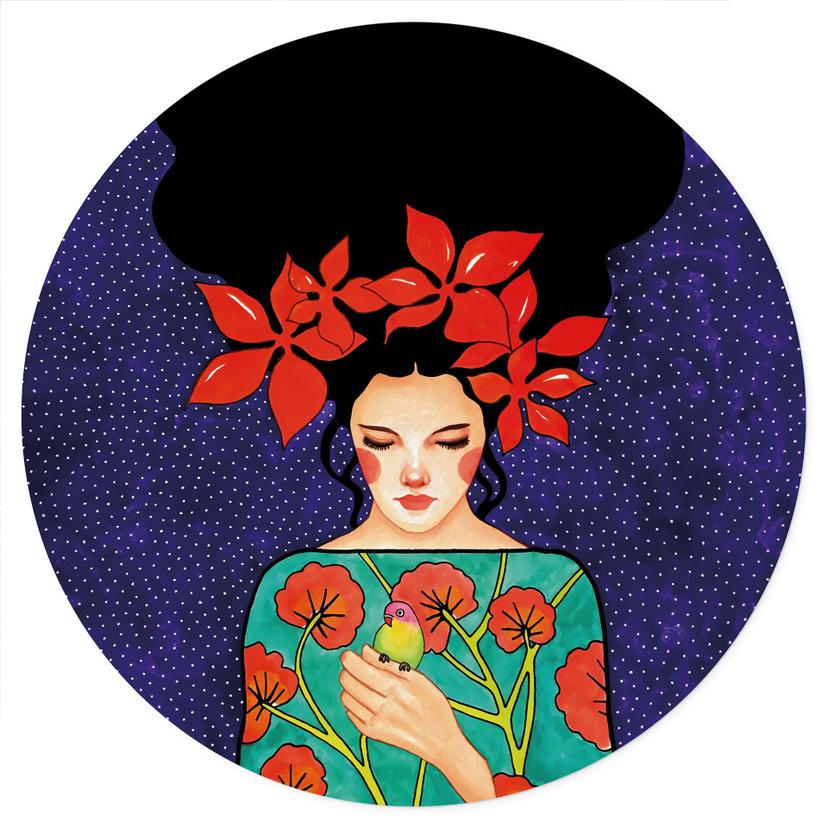 Adesivo murale Donna con corona di fiori rossi e uccello - Hülya - Rotondo