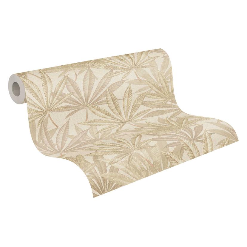 Carta da parati Leaves beige crema - Carta da parati in tessuto non tessuto con motivo a foglie di g