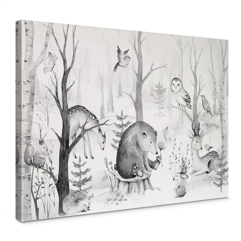 Lienzo Kvilis - Amigos animales en el bosque - blanco y negro