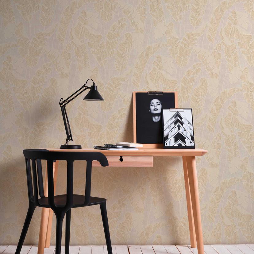 Papier peint molletonné avec feuilles blanc brillant clair or - papier peint fleurs plantes