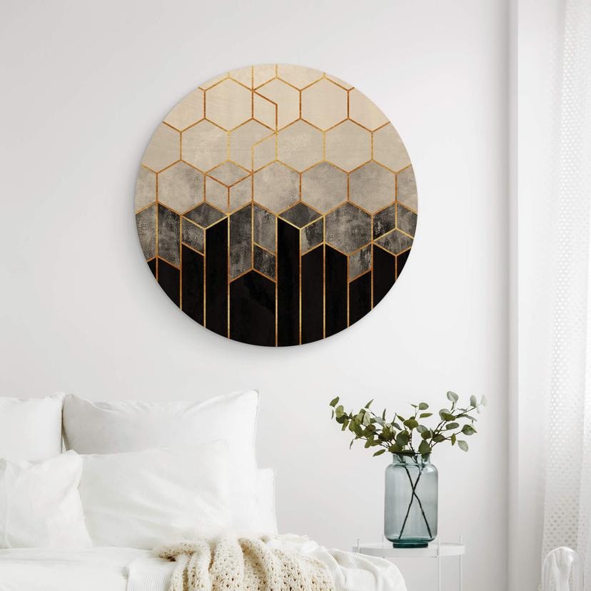 Tableau sur bois rond Fredriksson - Hexagones : noirs et gris