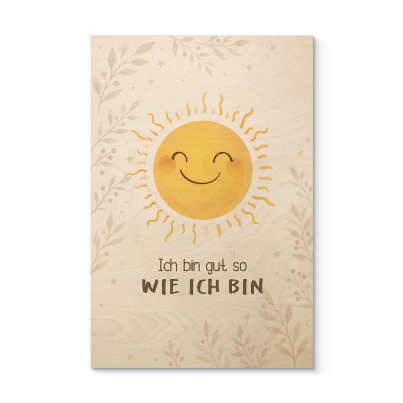 Holzbild mit strahlender Sonne - Affirmation 'Ich bin gut so wie ich bin' fürs Kinderzimmer