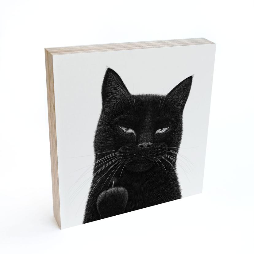 Tableau sur bois à poser - Chat noir effronté - Korenkova - 15x15 cm
