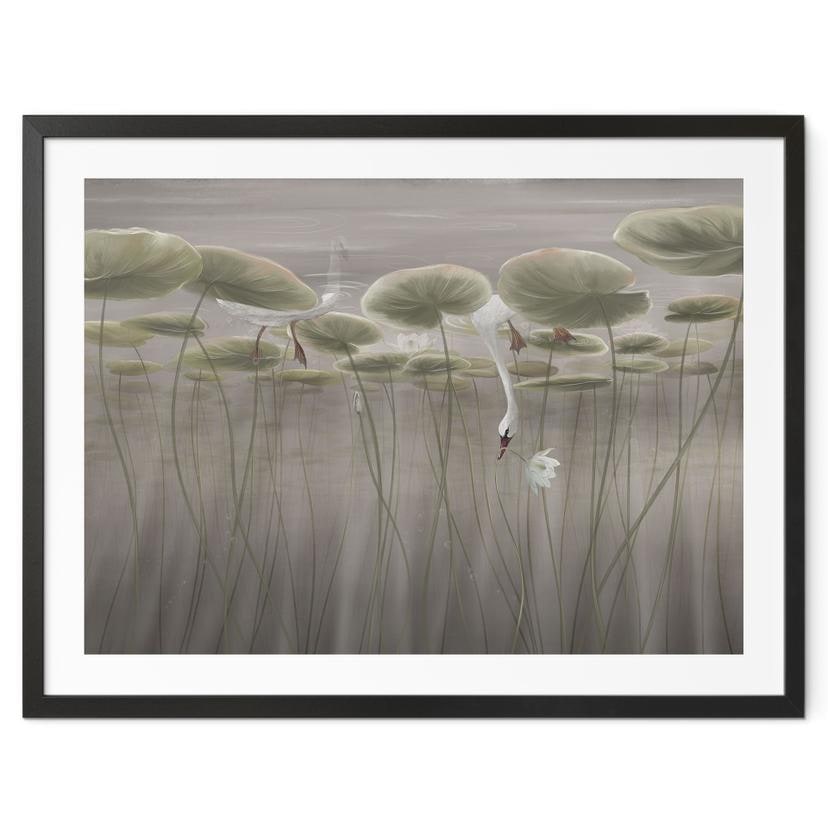 Poster lotusbloemen met zwaan in water in grijs - Ms Tiff