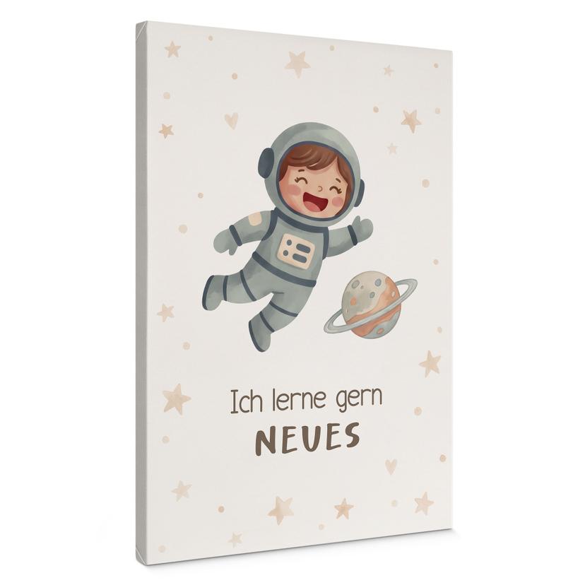 Leinwandbild mit Astronautin - Affirmation 'Ich lerne gern Neues' für das Kinderzimmer
