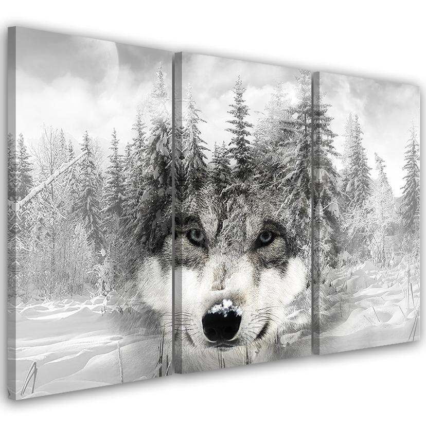 3 stykke lærredsprint, Wolf Forest Nature Grey