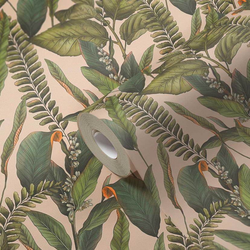 Papel pintado Jungla verde crema - Papel pintado no tejido floral con hojas y flores