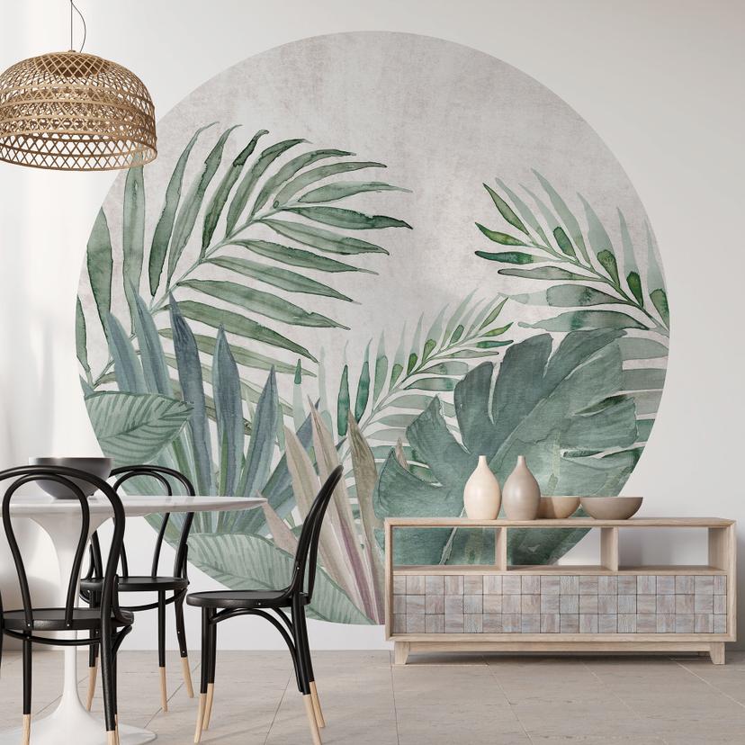 Jungle Leaves Green Watercolour Fototapet - Bloomery Decor - Rundt - vliesetapet/selvklæbende non-wo
