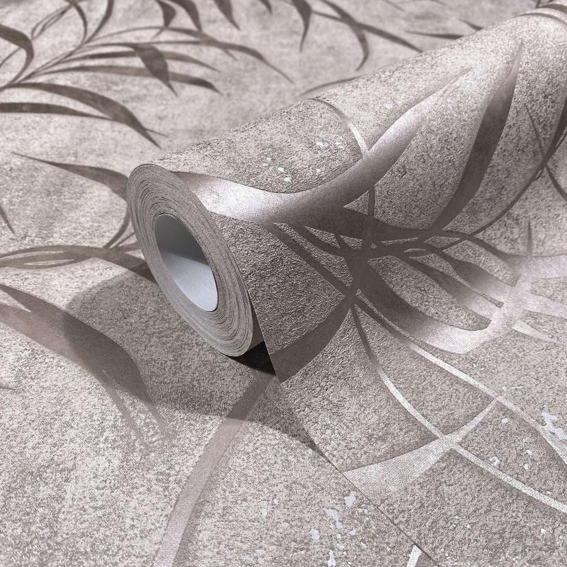 Papel pintado no tejido con hojas en hormigón de aspecto floral marrón
