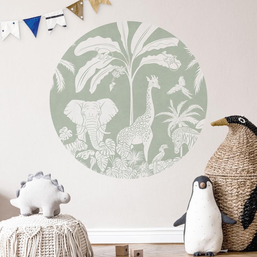 Wallsticker med jungledyr i tropisk grøn - Kikki Belle - Rund