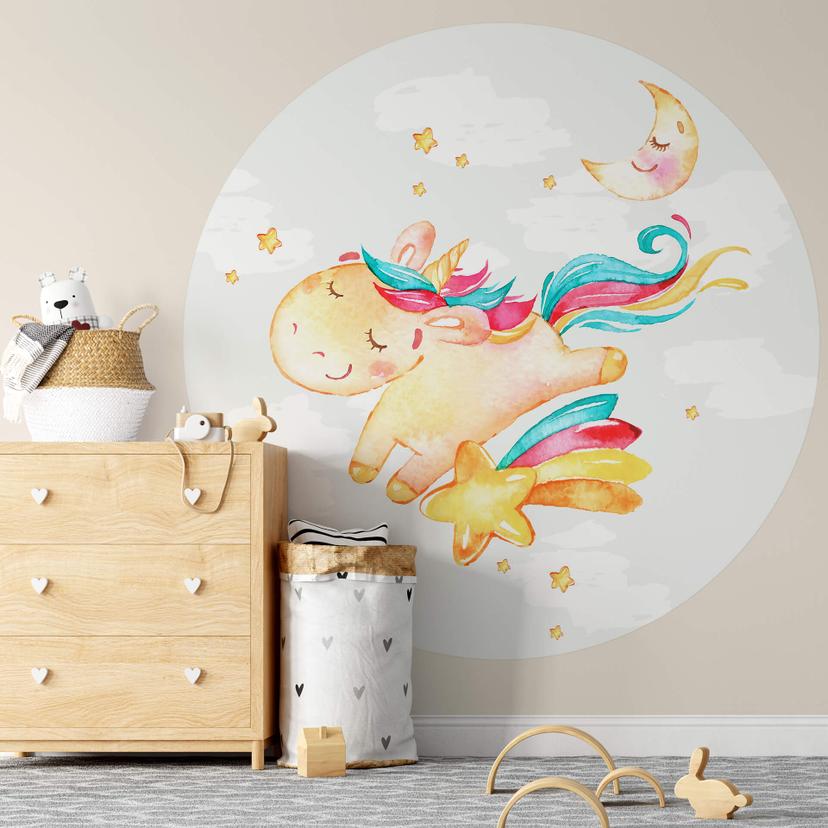 Papier peint photo Licorne qui brille - Rond - papier peint intissé/papier peint intissé autocollant