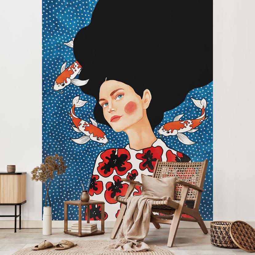 Papier peint photo femme en robe à fleurs avec kois - Hülya