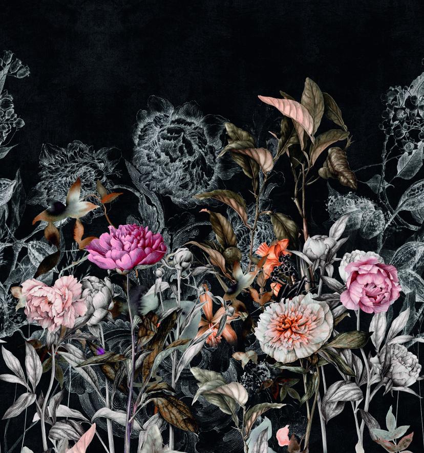 Fototapet Dark Botanical vintage blomster på sort med rosé accenter 3,4 x 3,18 m