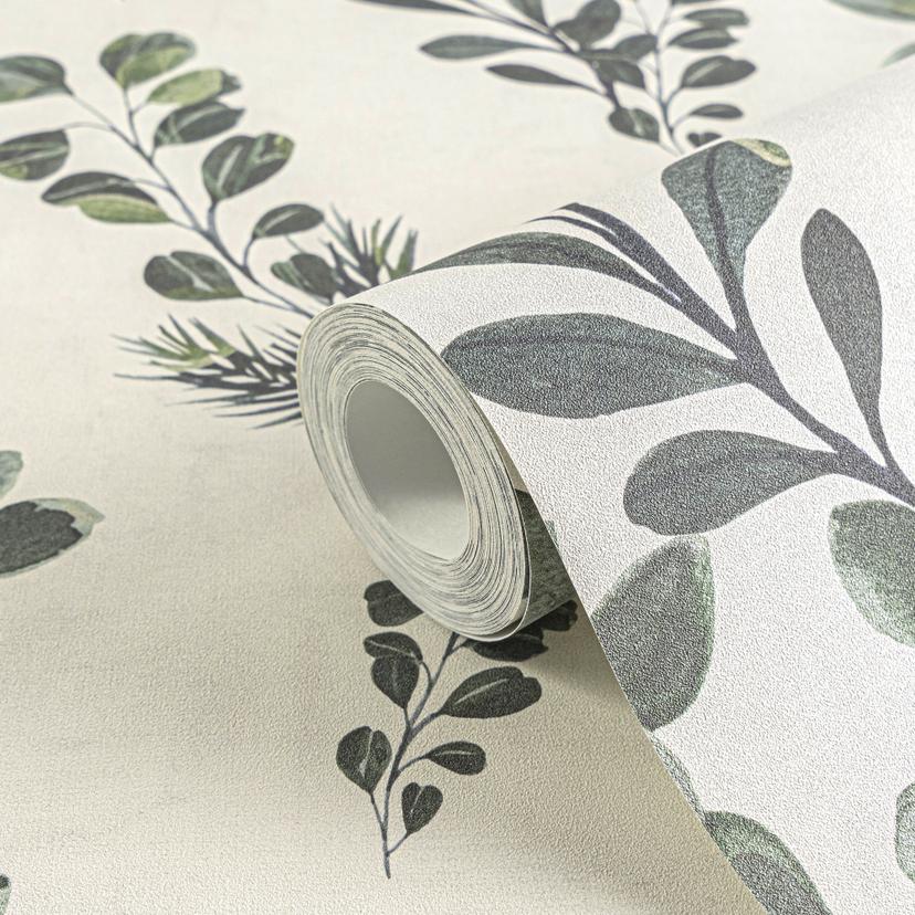 Papel pintado floral blanco verde - ramas y hojas estilo acuarela - Papel pintado no tejido - natura