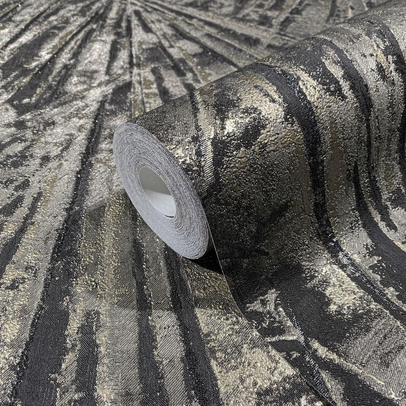Papel pintado no tejido con brillo y aspecto de abanico negro, textura dorada