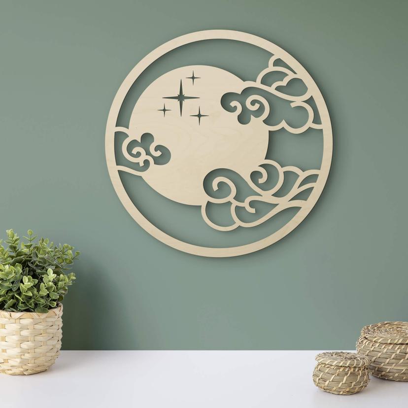 Decoración en madera álamo - Luna con nubes - Redonda