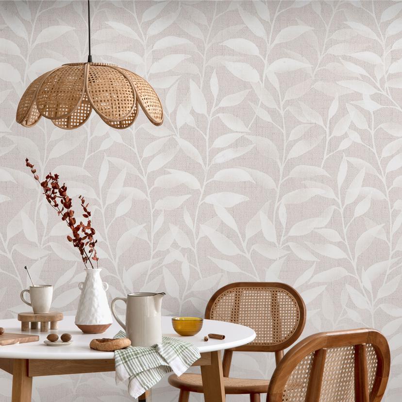 Papel Pintado Delicado Hojas Acuarela - Beige Suave - Bloomery Decor