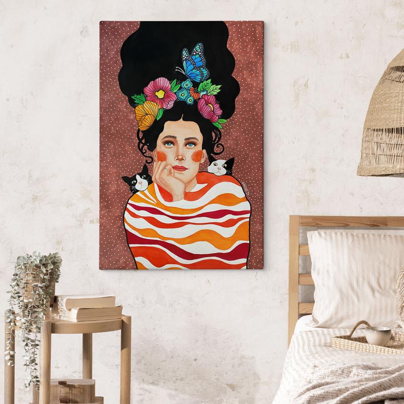 Stampe su tela donna con corona di fiori e gatti - Hülya