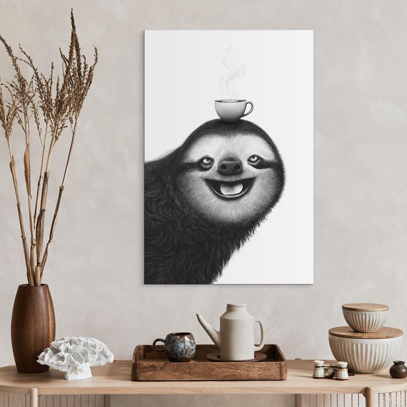 Wanddecoratie Vrolijke Luiaard met Koffie - Korenkova - Alu-Dibond