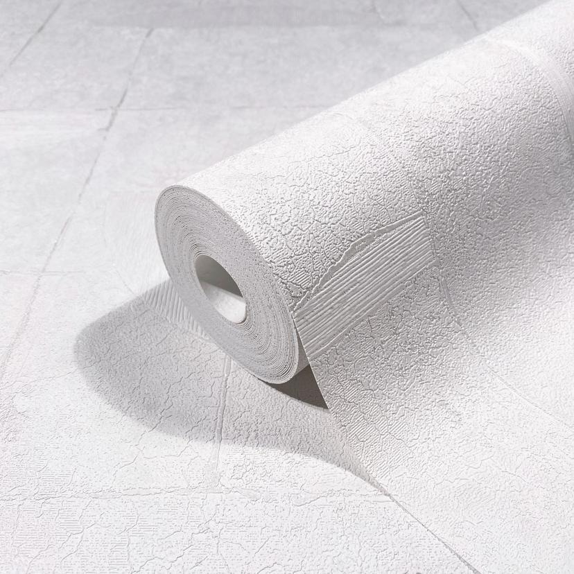 Non-woven tapet med gipslook i kakelvit grafik