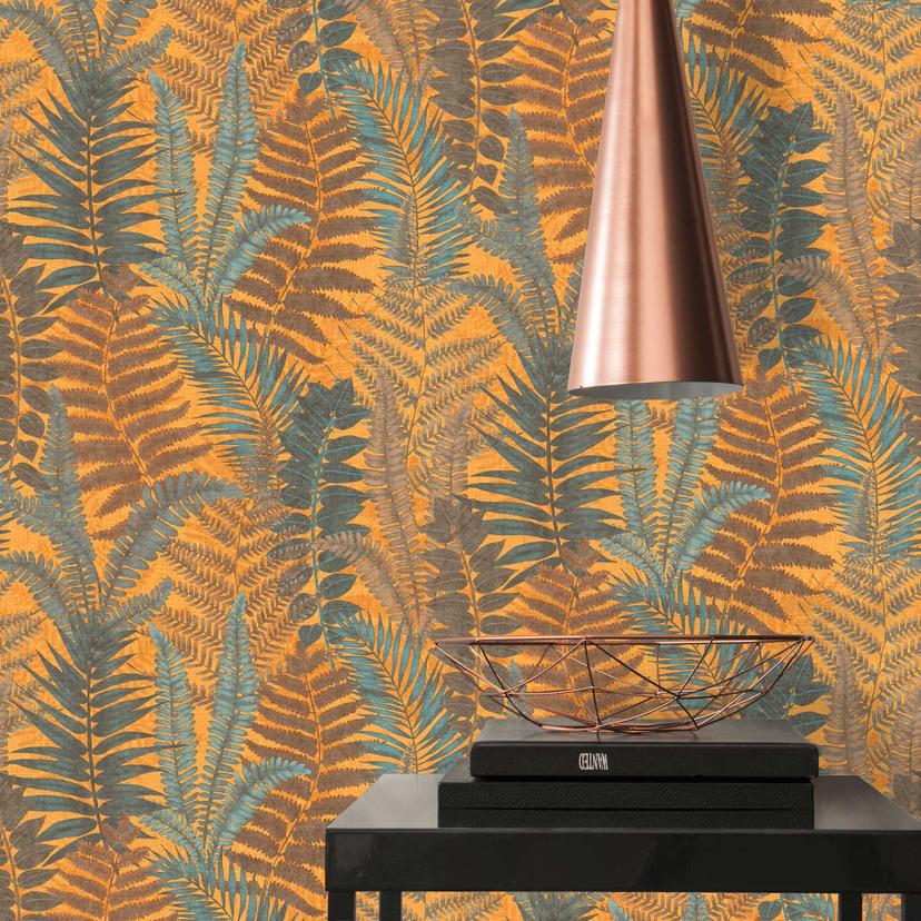 Papier peint à motifs avec feuilles de fougère multicolore - papier peint floral jaune bleu marron
