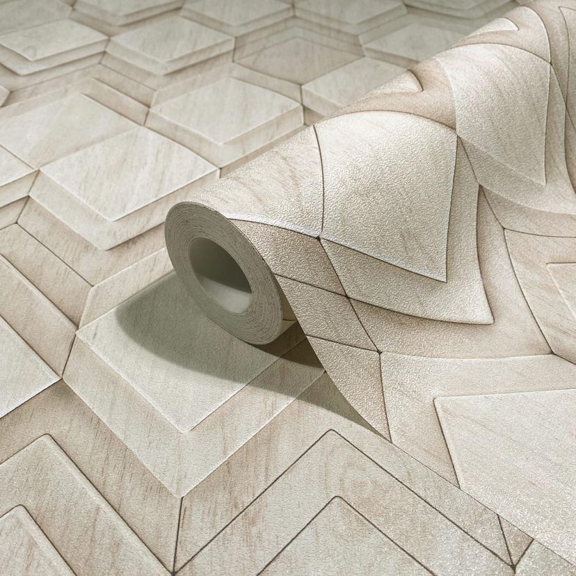Papel pintado no tejido en blanco, beige rombo ilusión 3D look moderno