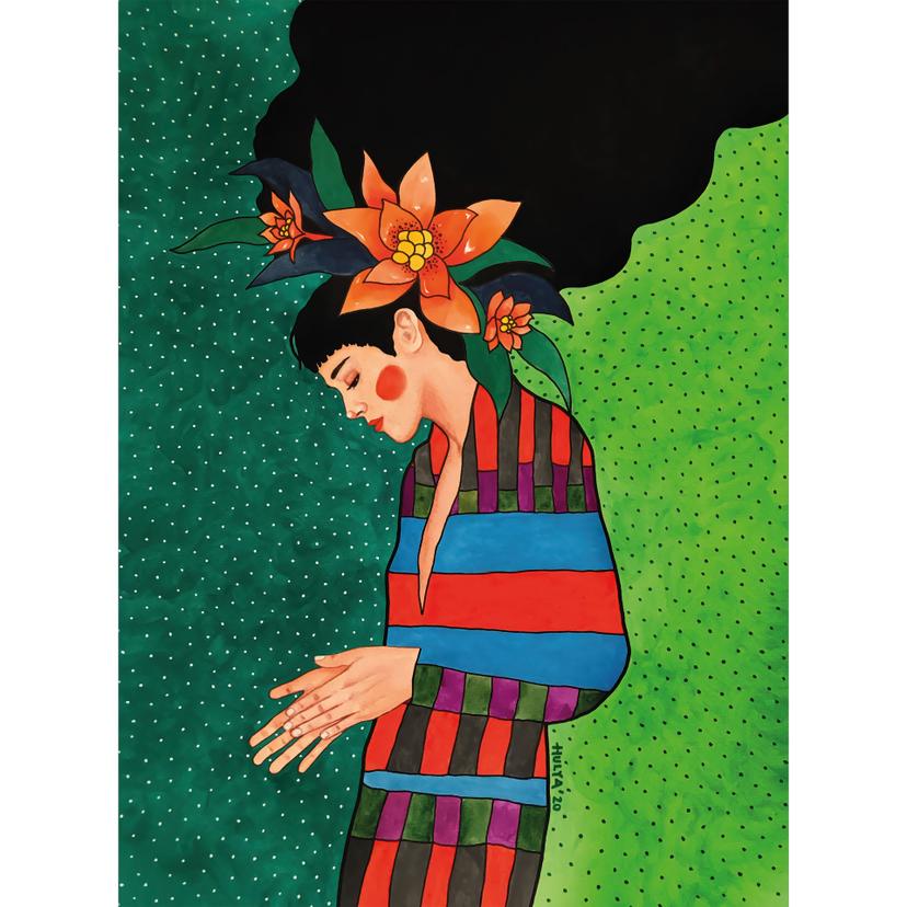 Fotomurale Ritratto - Donna in abito a righe con fiori arancioni - Hülya
