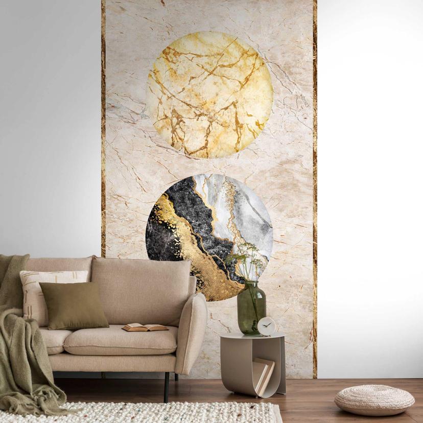 Tapet med marmor- og cirkelmotiv - non-woven tapet guld sort - stue tapet