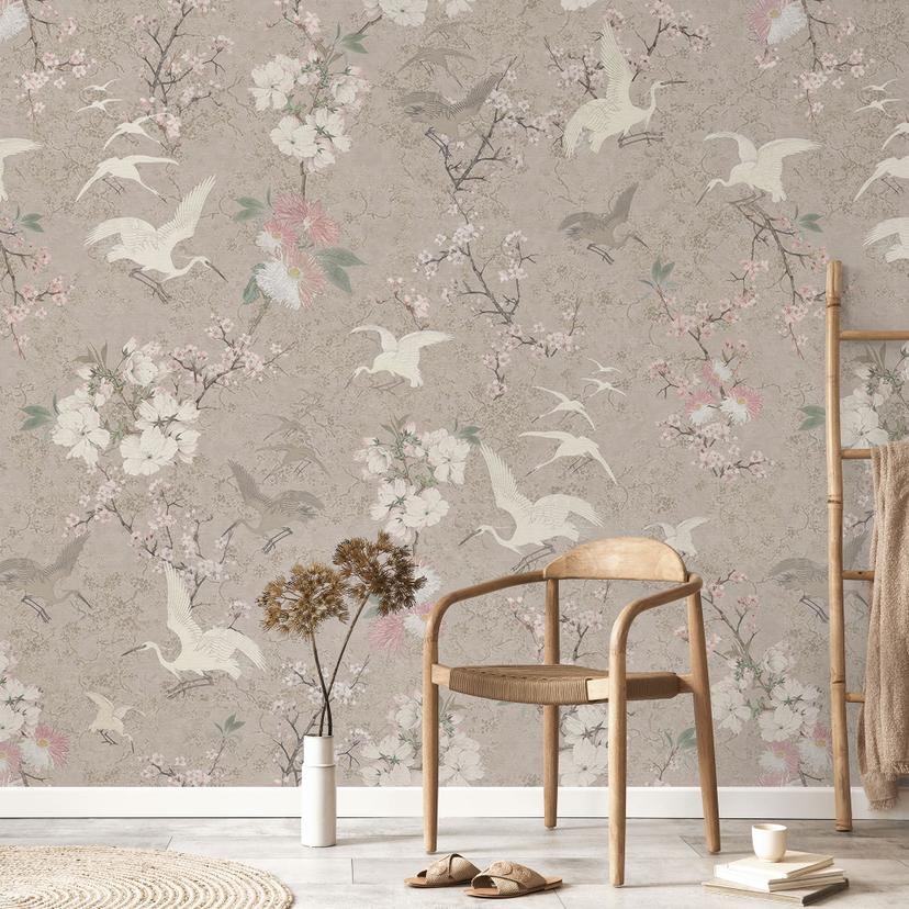 Fototapet med fugle Japandi | Traner i kirsebærblomst Rush Beige - Bloomery Decor