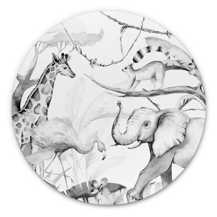 Tableau en alu-Dibond Kvilis - Amis des animaux dans la jungle en noir & blanc - Rond