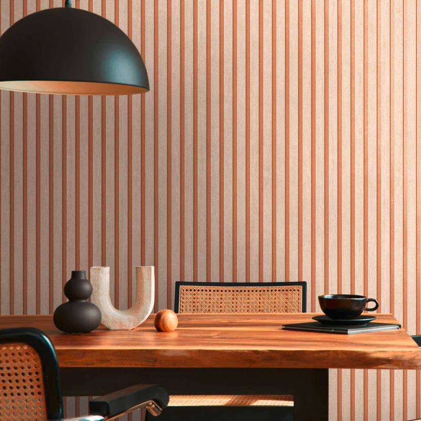 Skandinavisk træpanellook non-woven tapet beige bronze metallic let skinnende