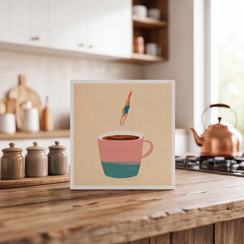 Tableau en bois à poser - Plongeon dans le café - Rivers - 15x15 cm