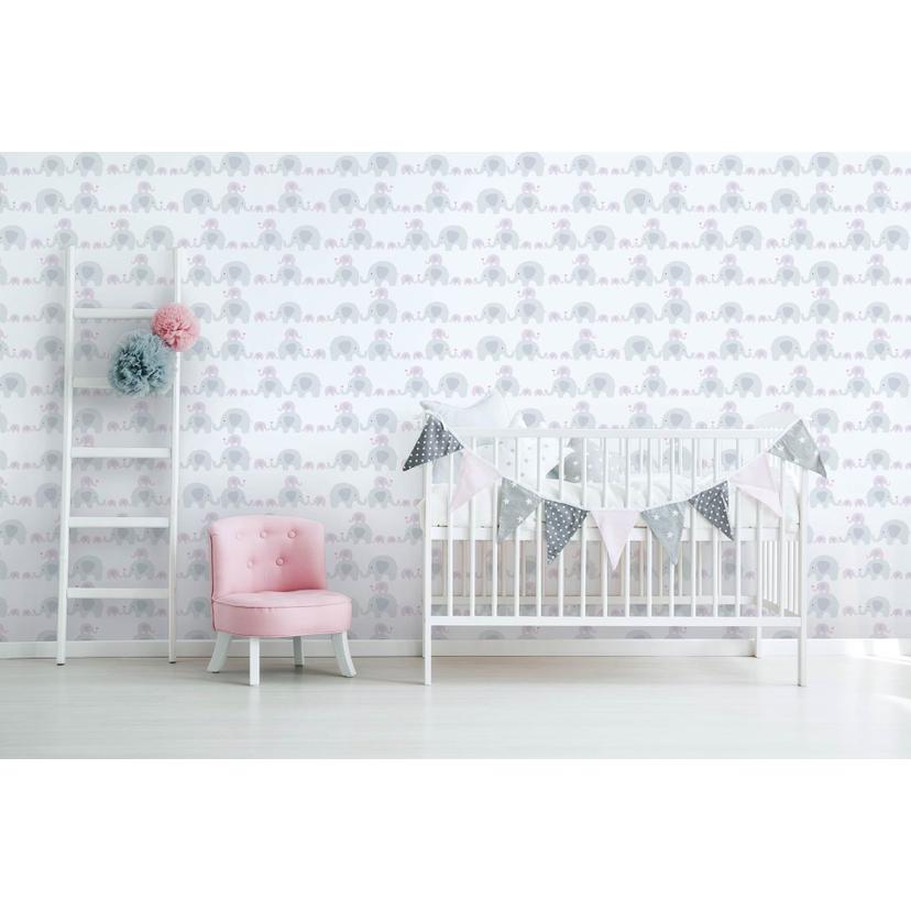 Legesygt børnetapet: elefantfamilie i hvid, grå og pink Made in Germany Little Love