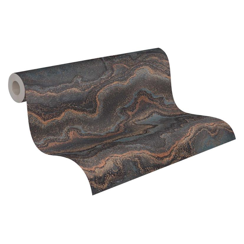 Lussuosa carta da parati effetto marmo in nero e oro - Imponente carta da parati metallizzata