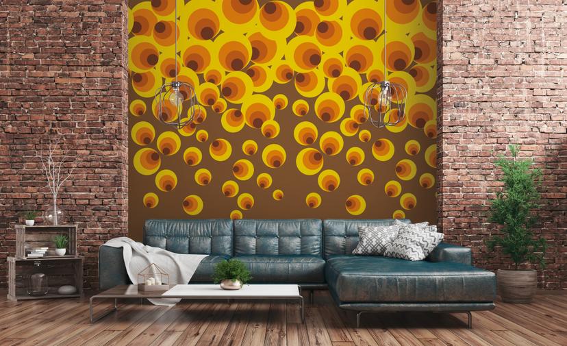 Círculos retro amarillo naranja - Fotomural tejido-no tejido Livingwalls - mate y liso