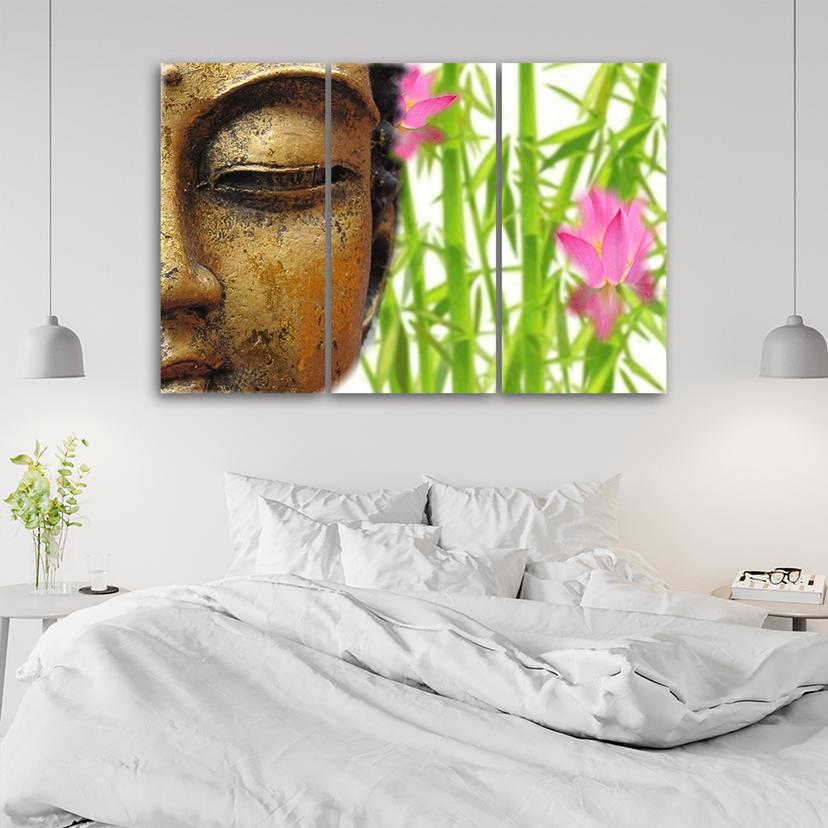 Stampa su tela 3 pezzi, Buddha bambù Zen oro