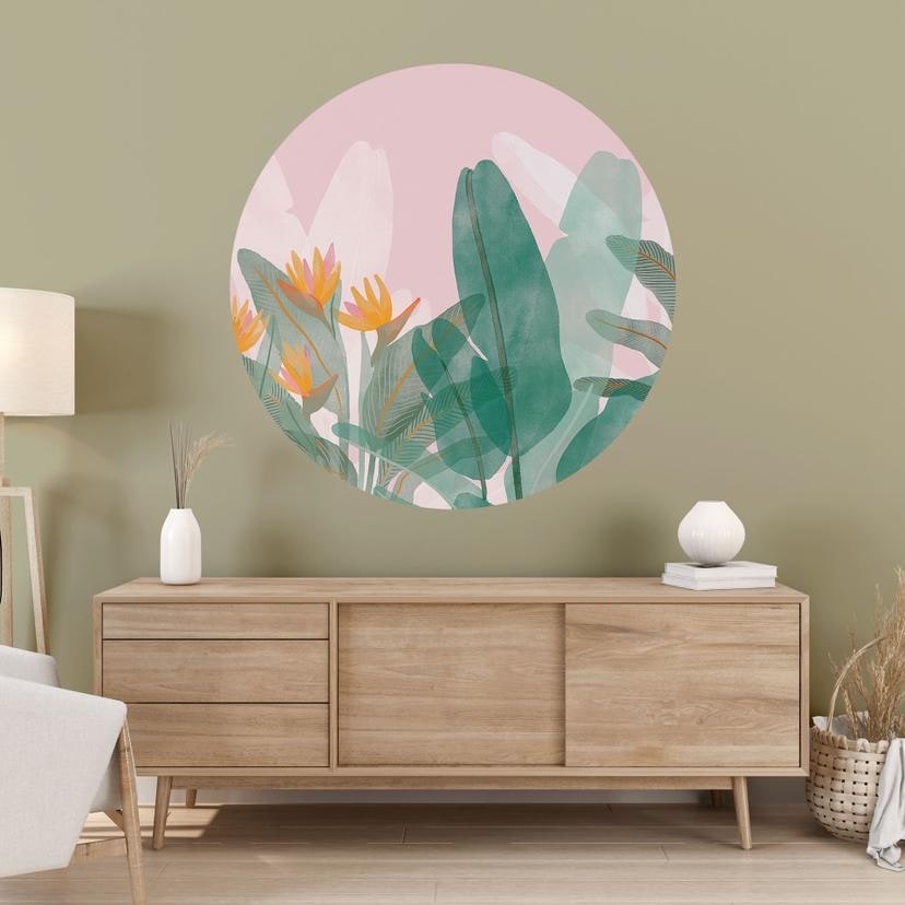 Wallsticker botanisk illustration i grøn og pink - Goed Blauw - Rund