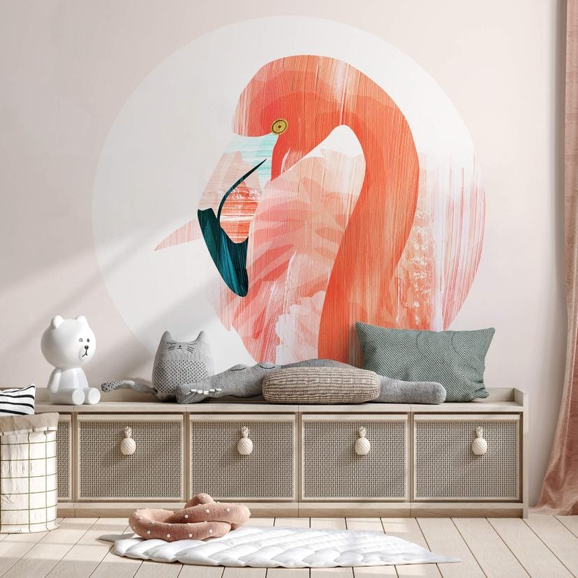 Fototapet - Rundt Goed Blauw - Pink Flamingo - vliesetapet/selvklæbende non-woven tapet