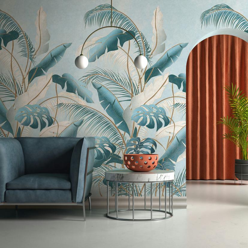 Ikke-vævet tapet blomster, blade blomster natur, jungle mat i blå 2,70 x 1,59 m