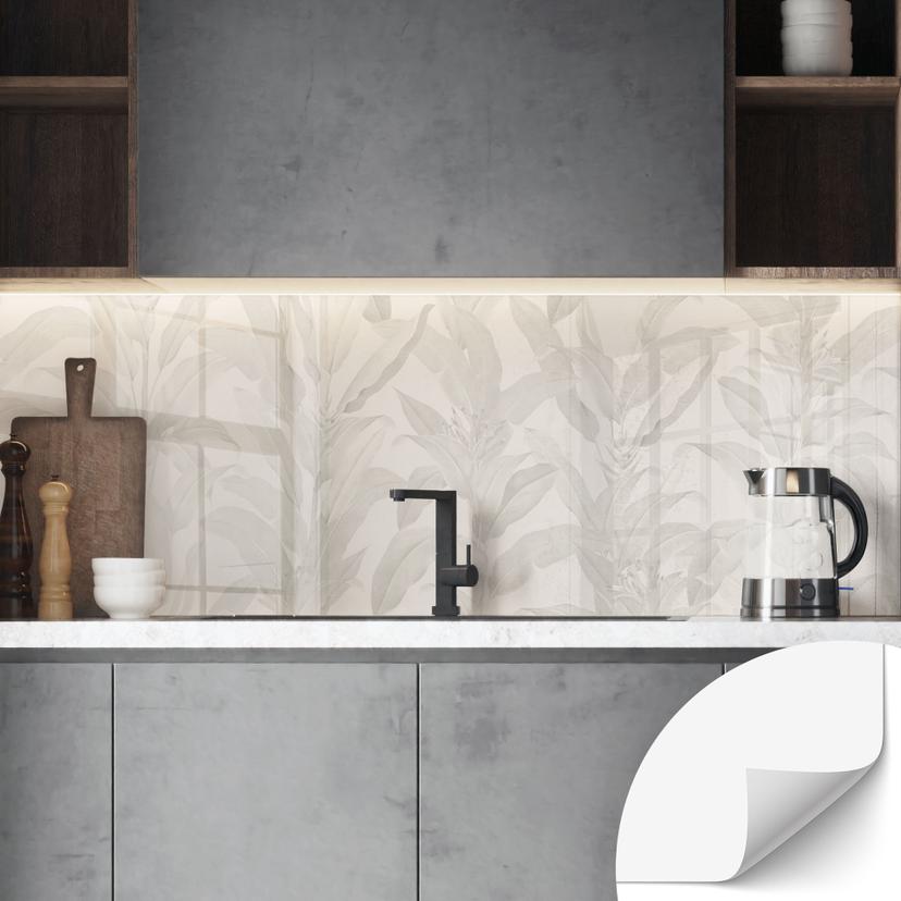 Selvklæbende stænkplade til køkken Urban Jungle tropical leaves cream - Bloomery Decor