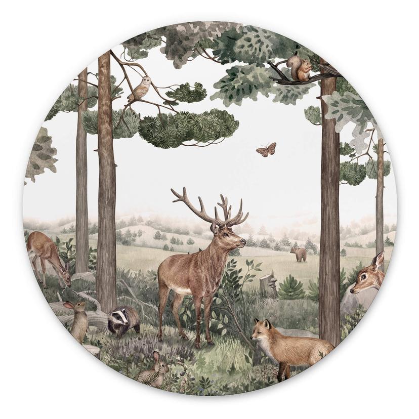 Tableau sur alu-Dibond rond Kikki Belle - Animaux indigènes dans la forêt