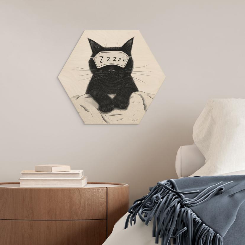 Hexagon Houten Wanddecoratie Zwarte Kat met Slaapmasker - Korenkova