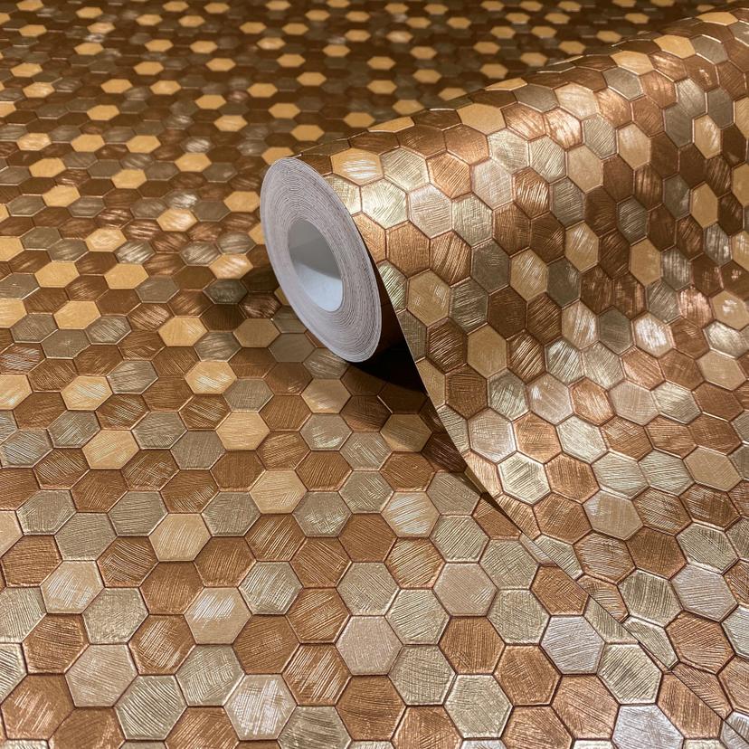 Papel pintado no tejido hexagonal, aspecto de azulejo metálico moderno, geométrico brillante en cobr