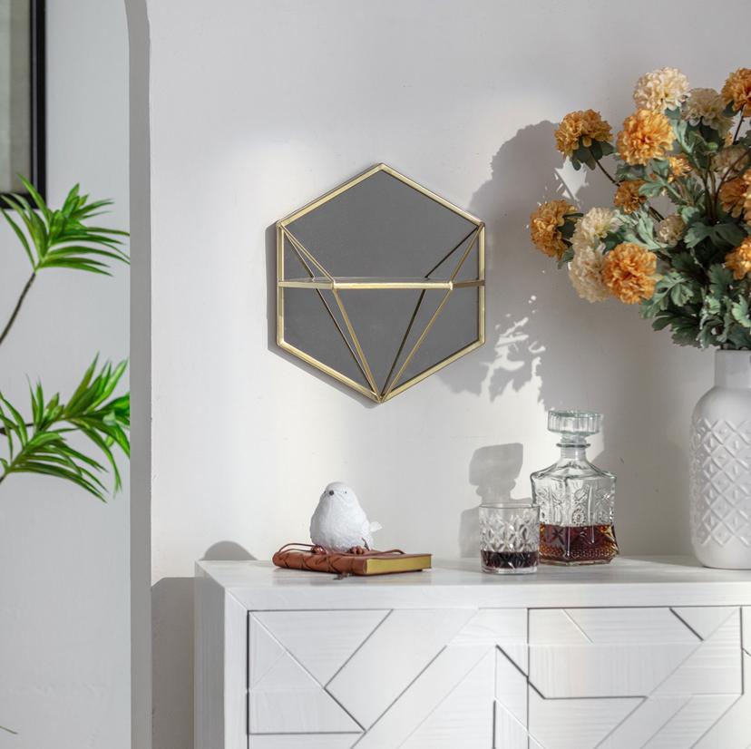 Wandregal Wandspiegel Geometrischer Diamant - Goldoptik - 30x35x13 cm