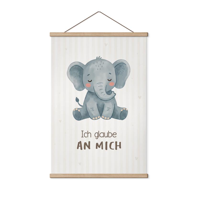 Stoffbild mit Elefant - Glaubenssatz 'Ich glaube an mich' für Kinder