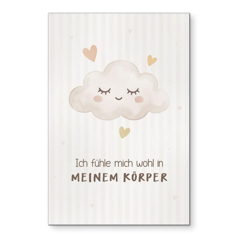 Alu-Dibond Wandbild mit Wolke - Kraftsatz 'Ich fühle mich wohl in meinem Körper' für Kinder