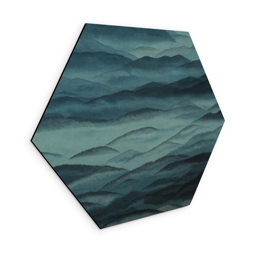 Hexagon Wandbild Roerich Hills - Blaue Berglandschaft - Sir Edward x Grigory Gladarev - Alu-Dibond