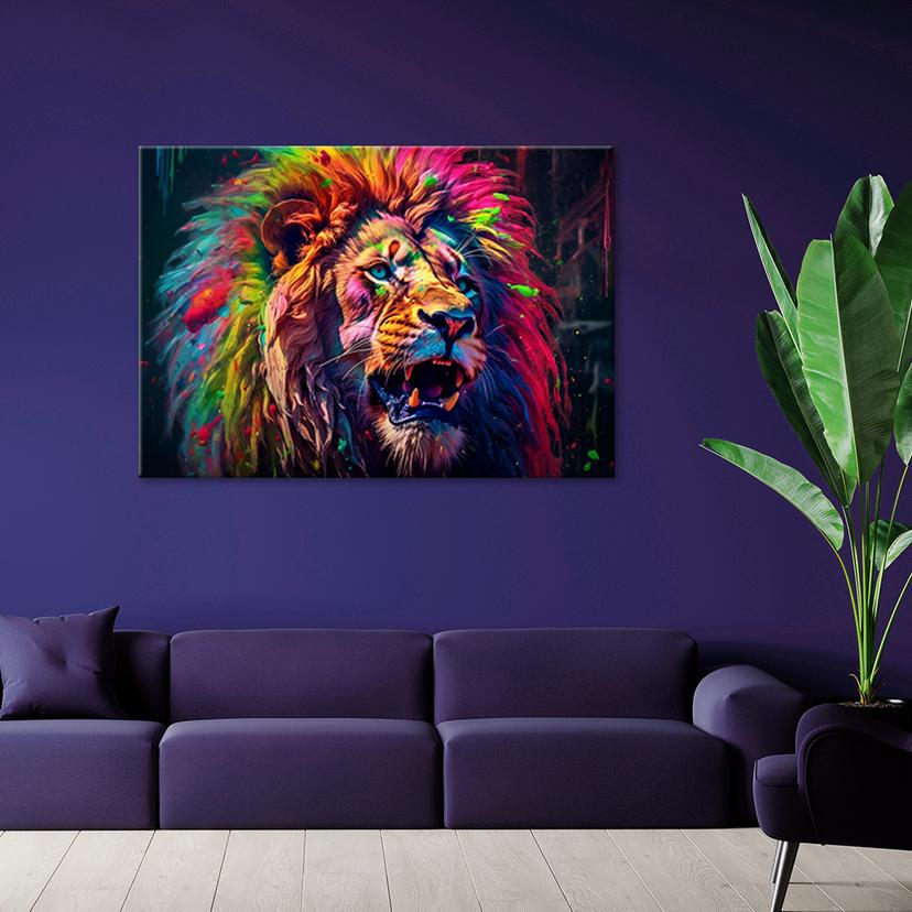 Quadro su tela Leone al neon colorato